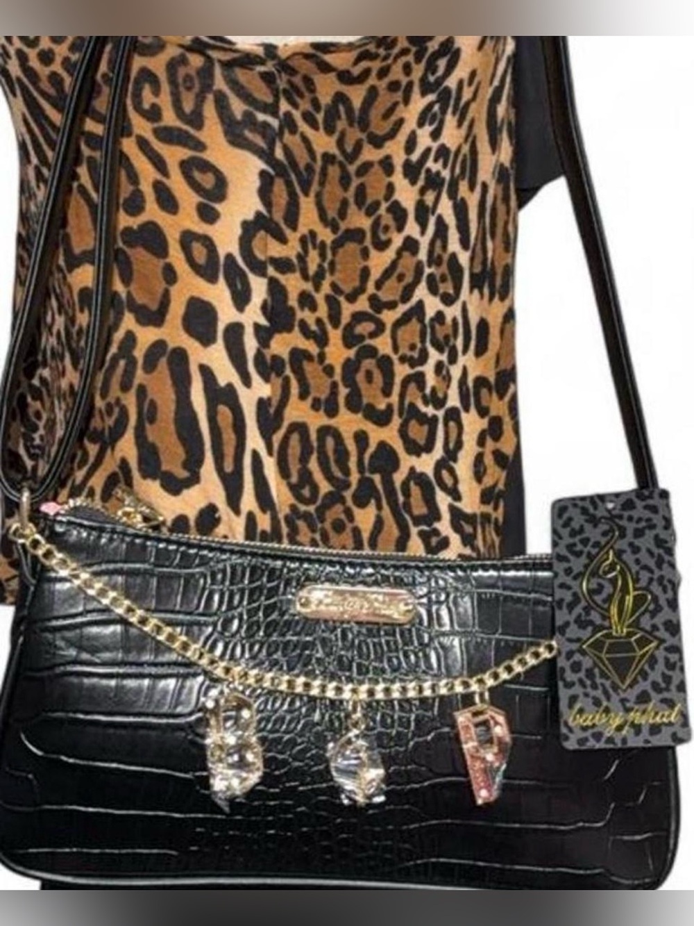 Baby Phat Black Croc-Embossed Shoulder Bag with Gold Chain and Crystal Charms